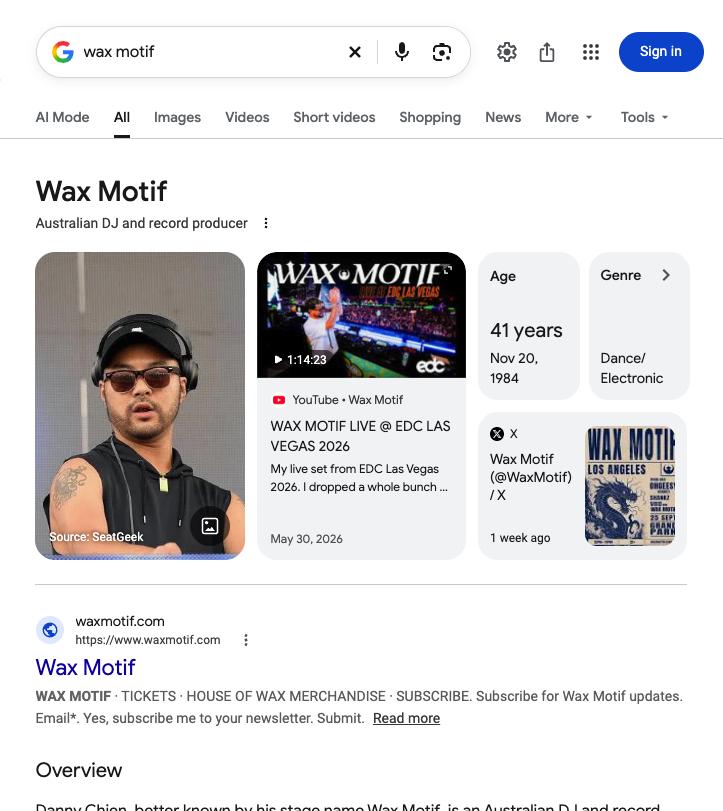 Google results for Wax Motif showing a knowledge panel